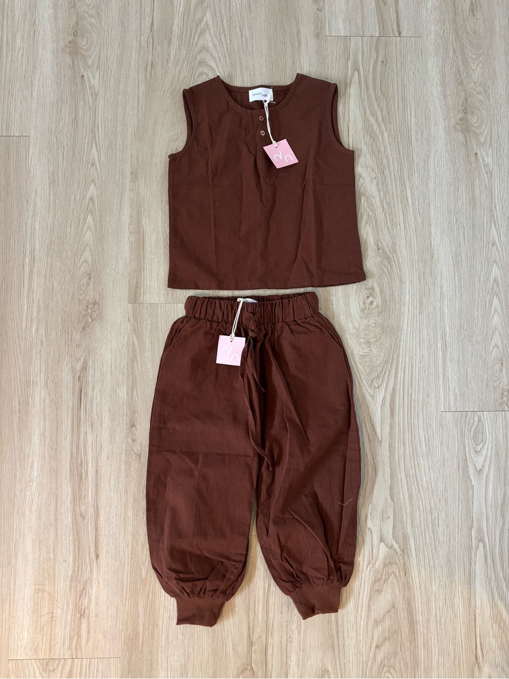 Never Not / Kindly Brown Cotton Two-Piece Sleeveless Top & Jogger Set